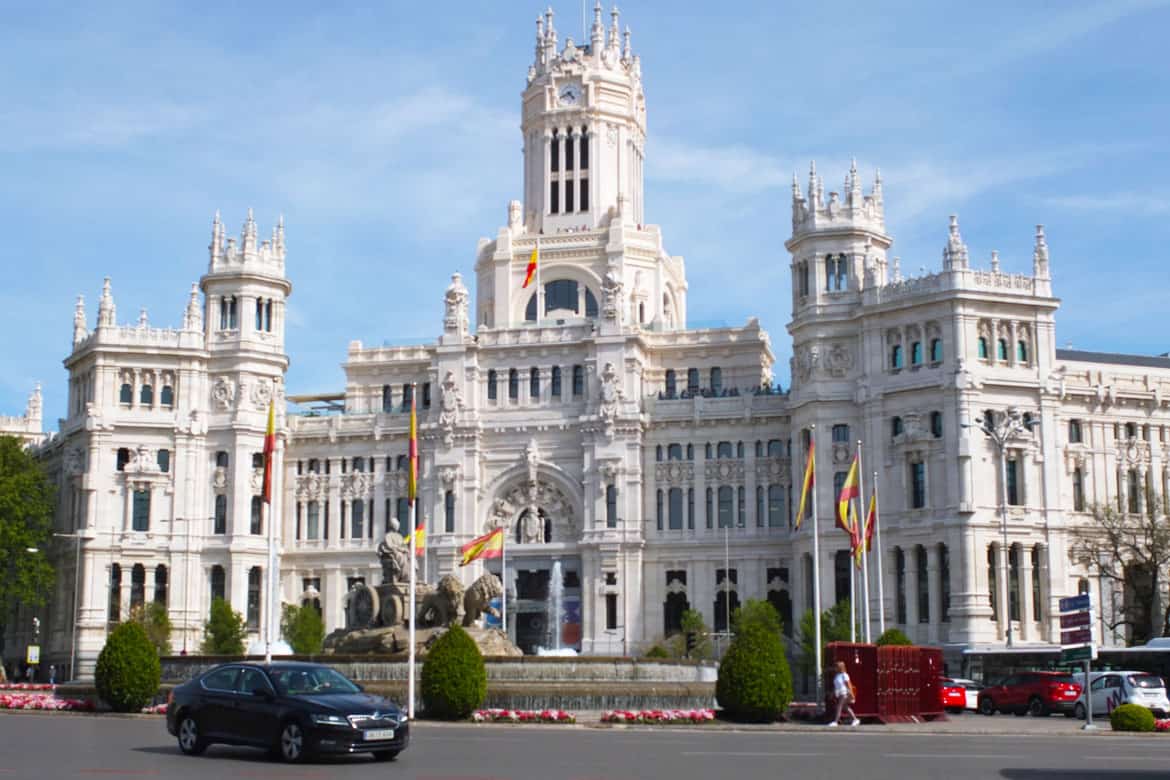 The Cibeles fountain and the Palacio de Comunicaciones in Madrid's Paseo del Prado.