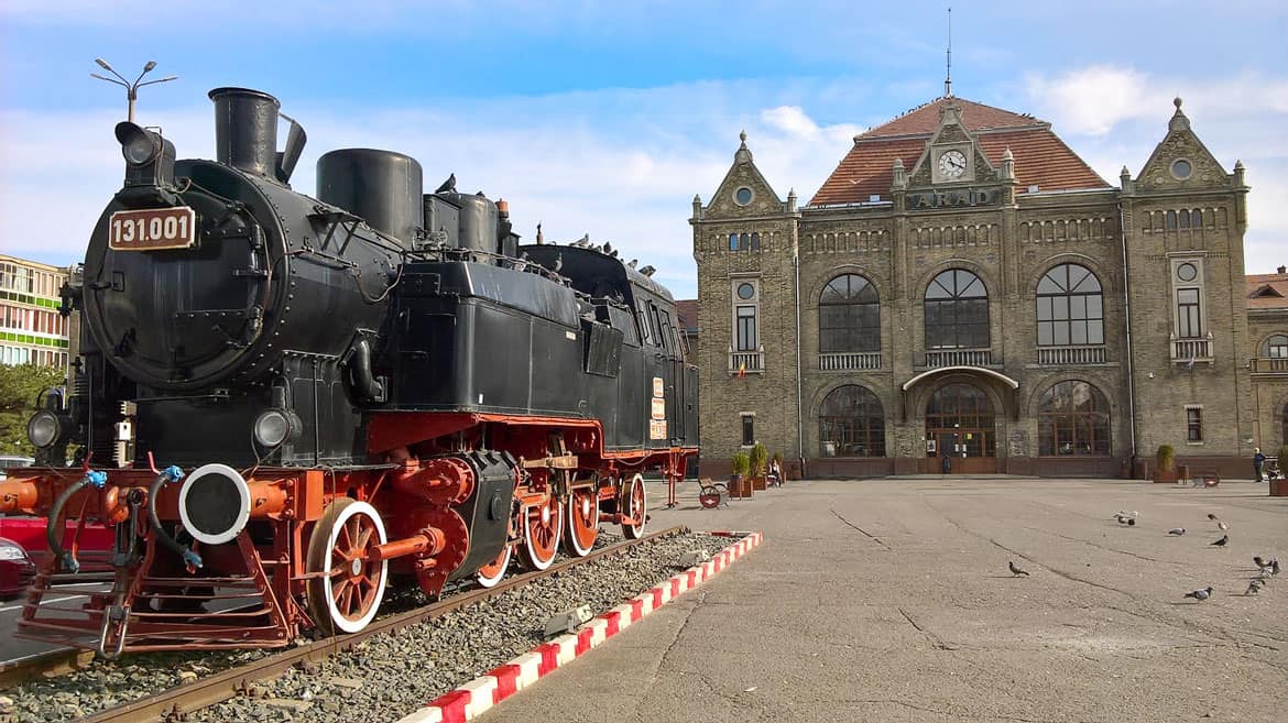 A locomotive outside the front of Arad railway station in western Romania.