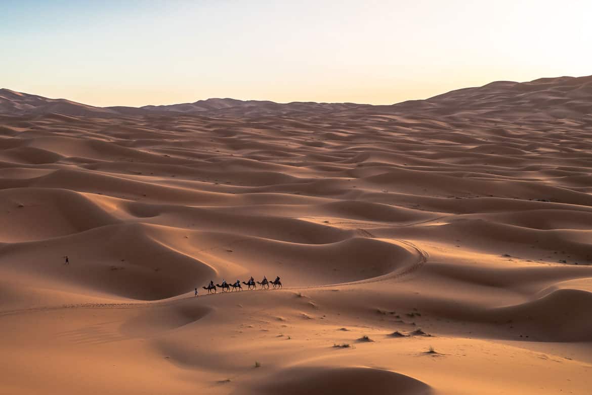 A camel ride on the sand dunes of Merzouga, Morocco. Photo: Jeff Jewiss/Unsplash.