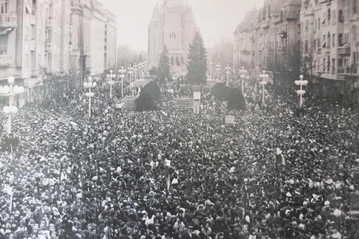 Timisoara's main square packed with protesters in the Romanian revolution of 1989